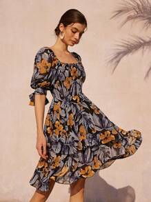 Aveloria Rosie Vestido corto casual de gasa negro y gris con estampado floral amarillo, volantes en capas, mangas cortas con puño de lazo, escote en U, estilo bohemio de vacaciones con estampado todo sobre para mujer, de moda para el verano - Multicolor - Ver 3