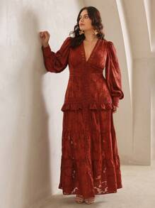 Anewsta Red Elegant Plus Size V-Neck Long Sleeve Satin Maxi Dress,Autumn Patchwork Ruffle Hem Slim Waist Party Dress For Wedding,Formal,Work,Valentine's Day - Burgundy - View 7