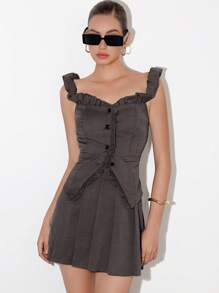 Aveloria GENKIRA 2pcs Set Women Romantic Ruffled Off Shoulder Blouse & Pleated A-Line Skirt, Elegant Academic Style - Grey - View 4