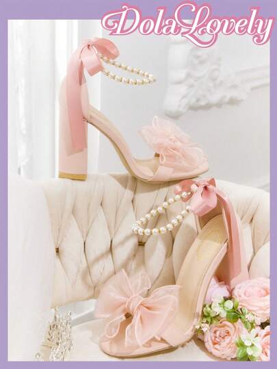 Dola Lovely Sandalias con tacón grueso blanco con moño, decoradas con perlas falsas y cinta de seda para mujer, de moda, , adorables, para boda, fiesta, Año Nuevo, Día de San Valentín
