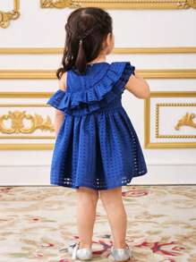 SHEIN Leap Crew Baby Girl Casual Elegant Tiered Ruffle Hem Solid Plaid Sleeveless Mini Dress, Suitable For Wedding, Party, Birthday Gift, Holiday - Blue - View 2