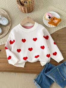 Pullover rosso a maglia con collo tondo per ragazze, maglione versatile con motivo a cuore di moda coreana