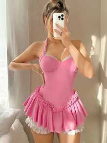 Sweetina Y2k Spring Break Spring Outfits For Women Fashion Ruffle Trim Contrast Color Neck Tie Mini Pink Dress Birthday Dress - Pink - View 3