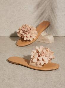 SHUZIA 女士裸色花朵圆头一脚蹬时尚凉鞋度假鞋休闲鞋沙滩鞋 - 米色 - 查看 3