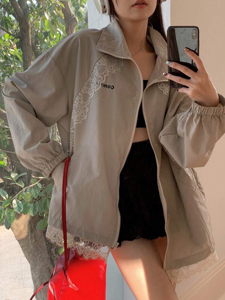 Women's Lace Patchwork Letter Print Loose Long Sleeve Jacket,Fall Clothes