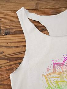 SHEIN LUNE Casual Loose Colorful Henna Tattoo Pattern Lotus Flower Print Women Summer Racerback Tank Top Slightly Sheer Back To School,Casual - White - View 8