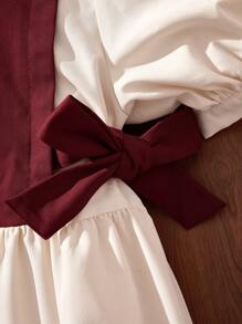 SHEIN Vestido informal de manga corta con cuello y amarre lateral en contraste de color para niñas preadolescentes - Burdeos - Ver 6