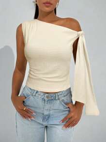 Firerie Women's Spring Elegant Romantic Asymmetrical Neck Fashionable Commuter Sexy Elegant Style Top, Suitable For Party, Vacation, Romantic Date And Wedding Birthday Dress, Knit Texture Cross Shoulder Straps Fitted Apricot T-Shirt - Apricot - View 4