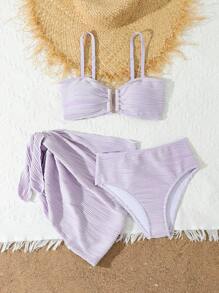 Teen Girl Textured 3-Piece Bikini Swimwear Set - Mauve Purple - View 5