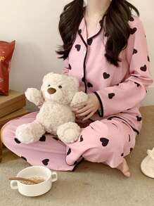 SHEIN 2 pièces Ensemble de pyjama de détente et confortable, Top à manches longues à ouverture avant avec imprimé cœur minimaliste et doux, et pantalon droit pour adolescentes
