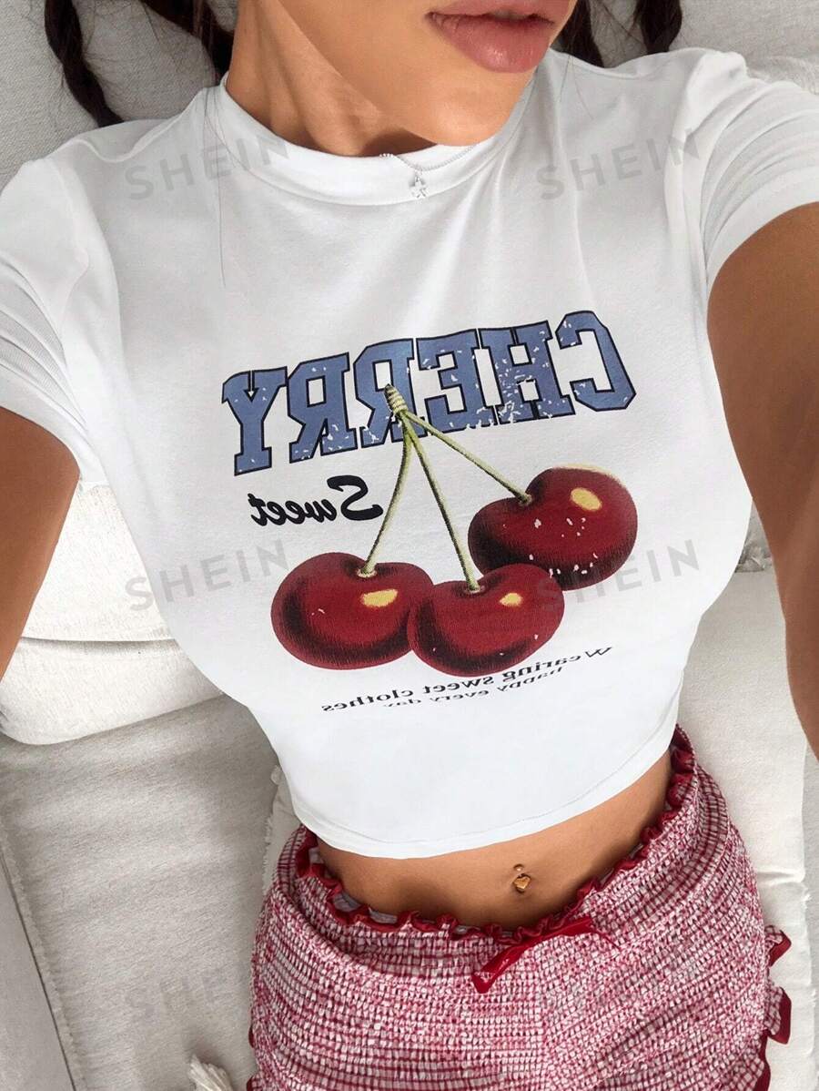 Flirla Camiseta ajustada de mujer de manga corta con cuello redondo y estampado de cerezas, de mezcla de algodón