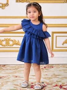 SHEIN Leap Crew Baby Girl Casual Elegant Tiered Ruffle Hem Solid Plaid Sleeveless Mini Dress, Suitable For Wedding, Party, Birthday Gift, Holiday - Blue - View 4