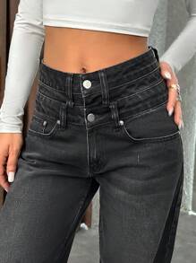 EURMUSE WOMEN STRAIGHT MID WAIST JEANS - Dark Grey - View 1