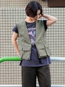 FRIFUL Women's Casual Solid Cargo Vest Jacket - Green - View 4
