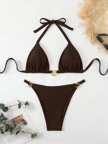 SHEIN Swim Curve Plus Size Women's Halter Split Sequin Solid Color Spiral Decor Two-Piece Sexy Bikini Set, For Summer Beach Vacation