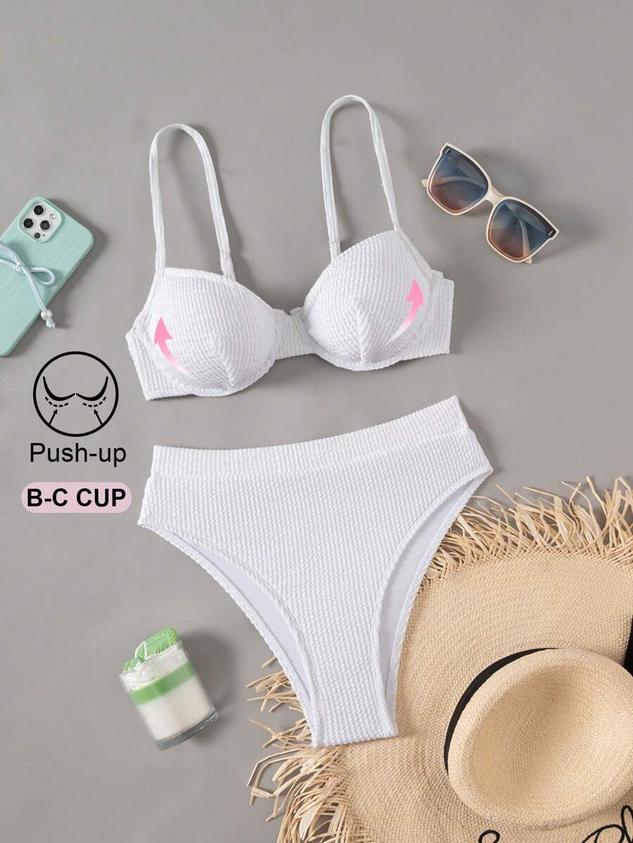 1 Set Women's Solid Color Camisole Briefs Bikini Set, Simple & Fashionable For Casual Daily Wear, Outfit For Summer Beach Vacation - Beige - View 1
