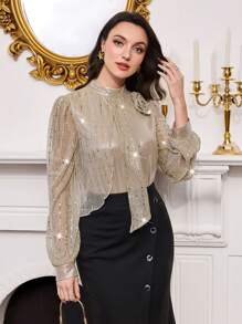 Modelyn Sequins Patchwork Long Sleeve Women Shirt - Gold - View 8