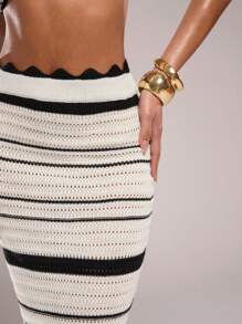 SHEIN BAE Women's Striped Long Knit Skirt, Autumn/Winter - Black and White - View 7