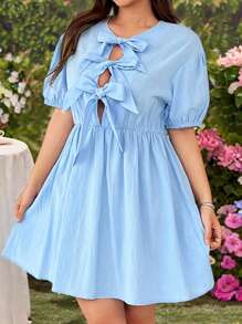 SHEIN EZwear 大码蓝色蝴蝶结装饰连衣裙，春夏 - 藍色 - 查看 1