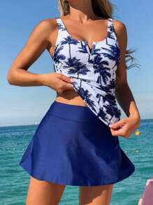 Swim Lushoire V-Shaped Plunged, Ruched Tropical Print & Top & Solid Bottom Tankini Swimwear Set, For Summer Beach Vacation - Blue and White - View 4