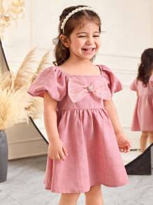 SHEIN Vestido casual y elegante para bebé niña con mangas farol, estampado floral de jacquard de organza y decoración de gran lazo - Rosa vieja - Ver 3