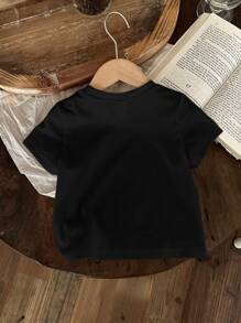 SHEIN Leap Crew Baby Girl Casual Short Sleeve Round Neck Top, Suitable For Summer - Black - View 2