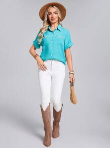 SHEIN LUNE 女士单排扣口袋贝壳边短袖休闲衬衫 - 水鴨藍 - 查看 3