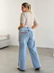 RueChic Plus High Waist Patch Detailed Wideleg Jean - Medium Wash - View 2