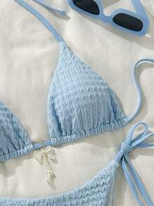 Swim Mod 2pcs Springbreak Women's Solid Color Textured Fabric Halter Triangle Bra With Bow Decor And Side Tie Bikini Swimwear Set, Summer Beach Clothes