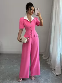 Elenzga Women Elegant Fashion Holiday Romantic Short Sleeve Turndown Collar Contrast Trim Half-Placket Cinched Waist Solid Jumpsuit - Pink - View 1