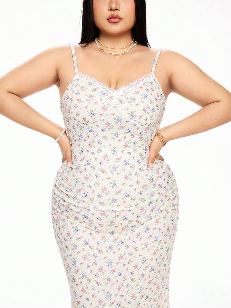 ROMWE Kawaii Plus Size Women's Ditsy Floral Romantic Mermaid Dress - Apricot - View 7