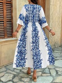 Breezaya Vestido de vacaciones de línea A con cuello en V profundo, manga 3/4 y bajo con abertura, estampado colocado, talla grande