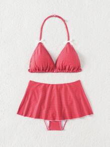 Tween Girls' Cute Plaid Bow Decor Holiday Bikini Set