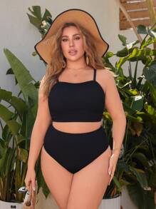 Swim Vcay 加大码 2 件套比基尼套装纯色可调节可拆卸肩带上衣搭配高腰三角裤，性感优雅女士海滩度假泳装，适合夏季度假