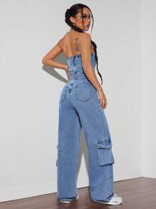 SHEIN ICON 时尚休闲性感女式牛仔连身裤 - 淺色水洗藍 - 查看 3