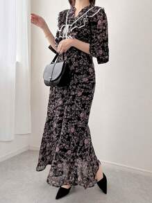FRIFUL Women's Maxi Floral Romantic Dress, Holiday Style, Spring/Fall Long Sleeve Dress Boho Vacation Outfits Women - Black - View 4