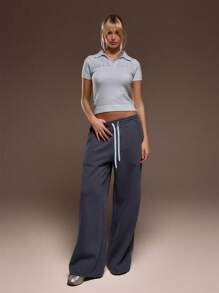 MUSERA 长款针织钩编翻领短袖开襟高领上衣 春季可爱 Y2K 休闲可爱 90 年代阳光时尚 - 藍色 - 查看 5