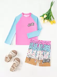 Kids Beachwear Tween Boys Stylish Ice Cream Print Long Sleeve Swimming Shirt And Swimming Trunks Set