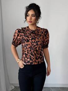 Elenzga Peter Pan Collar Single-Breasted Leopard Print Short Sleeve Shirt - Multicolor - View 3