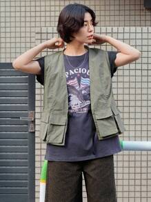 FRIFUL Women's Casual Solid Cargo Vest Jacket - Green - View 5