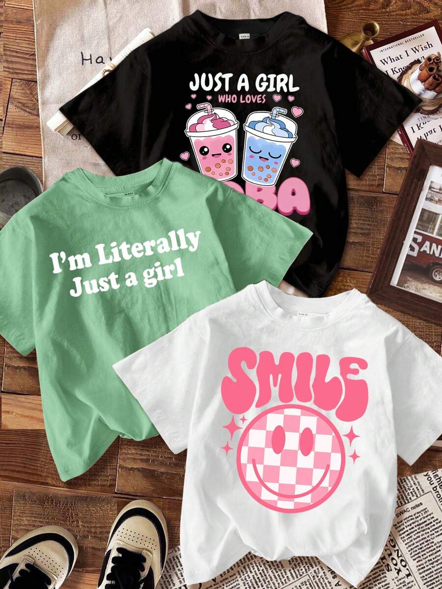 SHEIN Leap Crew Young Girl Casual Minimalist Cartoon Print T-Shirts, Suitable For Summer - Multicolor - View 1