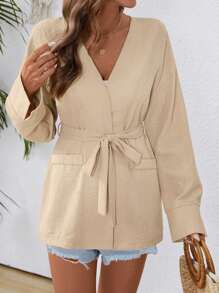 Breezaya Women's Elegant Open Front Long Sleeve Tie Waist Pockets Loose Thin Blazer For Spring & Summer - Khaki - View 4