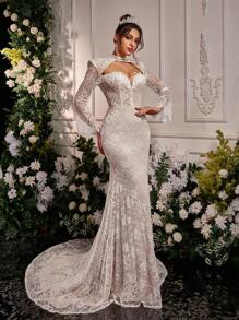 Glamrae 优雅浪漫白色蕾丝露肩心形领口长袖美人鱼轮廓露背新娘婚纱 - 白色 - 查看 7