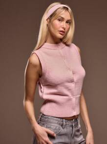 MUSERA 长款圆领针织纽扣腰部拼接无袖开衫，春夏可爱晚宴派对优雅款 - 淺粉色 - 查看 2