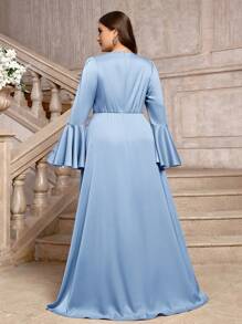 SHEIN Belle Váy phù dâu tay loe màu tím Taro thanh lịch cỡ lớn - Màu xanh nhạt - Xem 3