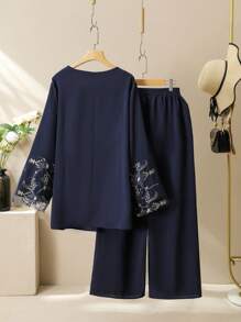 Lacomfia 2pcs Plus Size Set: Elegant Round Neck Embroidered Mesh Patchwork Fall Cloth For Women - Navy Blue - View 2