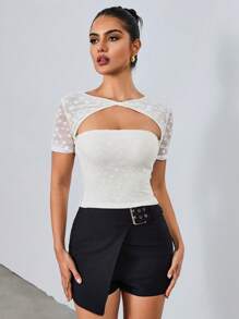 SHEIN Unity 女士纯色拼布纹理蕾丝设计休闲百搭短袖 T 恤 - 白色 - 查看 1