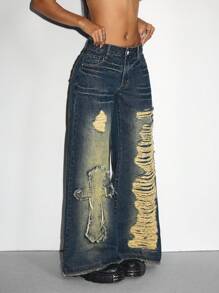 SHEIN ICON Women's Pocket Distressed Wide Leg Relaxed Fit Casual Versatile Jeans 2025 Spring Summer Y2K Cowgirl Gothic - Blue - View 3