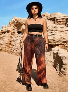 SHEIN EZwear Plus Size Summer Retro Tie-Dye Straight Leg Casual Pants - Rust Brown - View 4