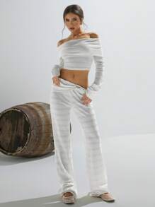 Athîral Women Casual Solid Color One-Shoulder Long Sleeve Top And Long Pants 2 Pieces Set - White - View 4